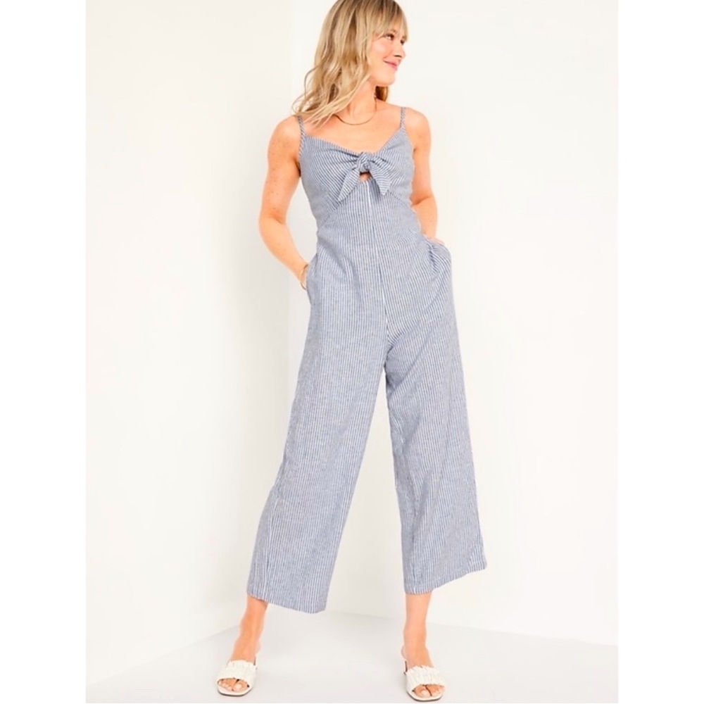 Old Navy Striped Smocked Cropped Knotted Linen-Blend Cami Jumpsuit - New